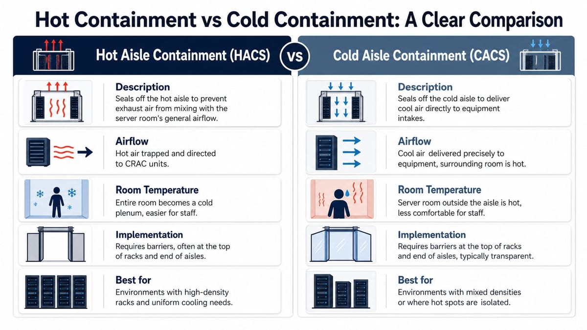 A comparison chart explaining the differences between hot aisle and cold aisle containment systems for data centers.