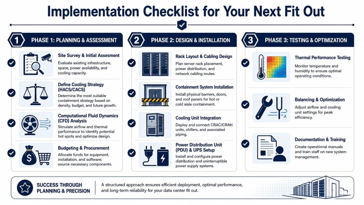 A structured three-phase checklist for planning, designing, and optimizing data center cooling infrastructure fit outs.