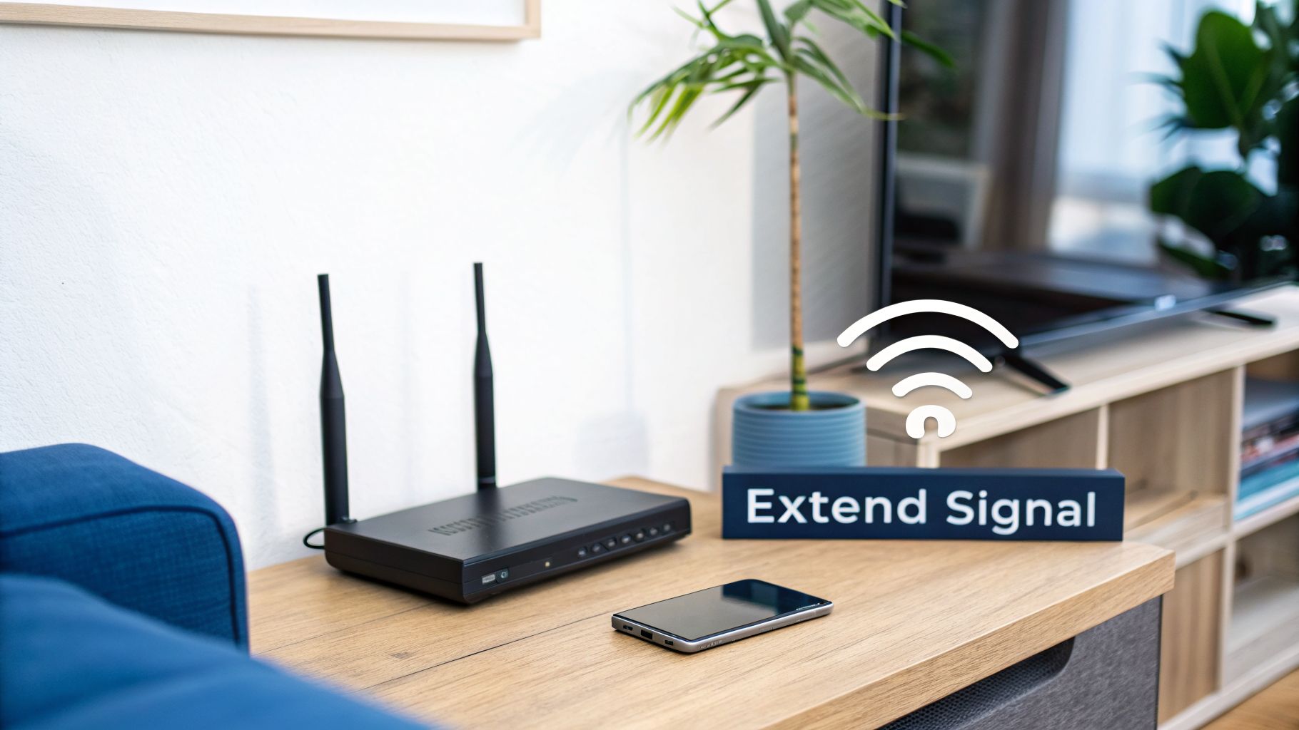 A black Wi-Fi router, smartphone, and an 'Extend Signal' sign on a wooden table, with a Wi-Fi icon.