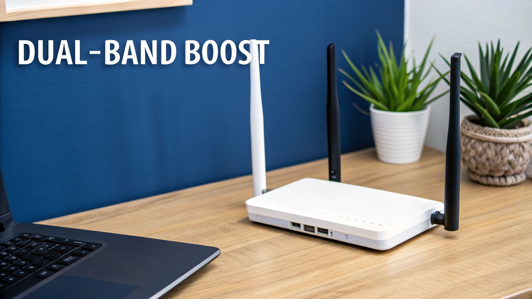 A white dual-band WiFi router with antennas sits on a wooden desk next to a laptop.
