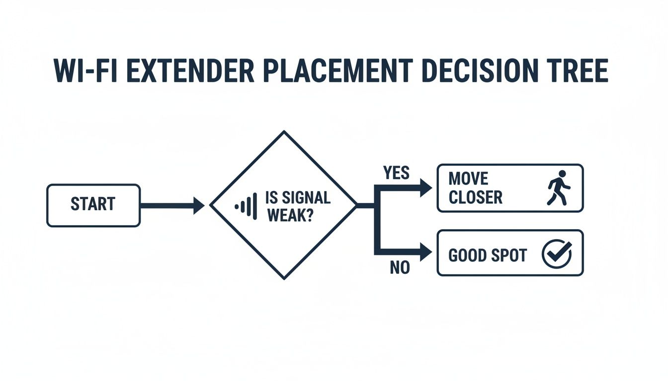 Decision tree flowchart for Wi-Fi extender placement: start, check signal, move closer if weak, good spot if strong.