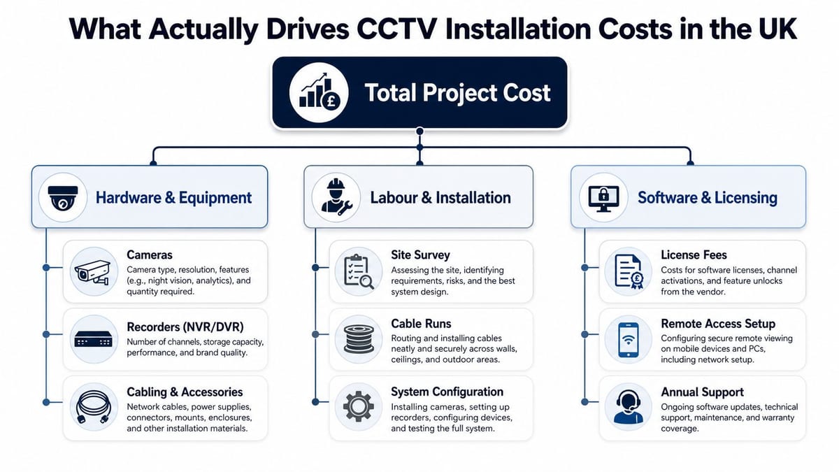 An infographic breakdown explaining the factors that influence the total cost of professional CCTV installations in the UK.