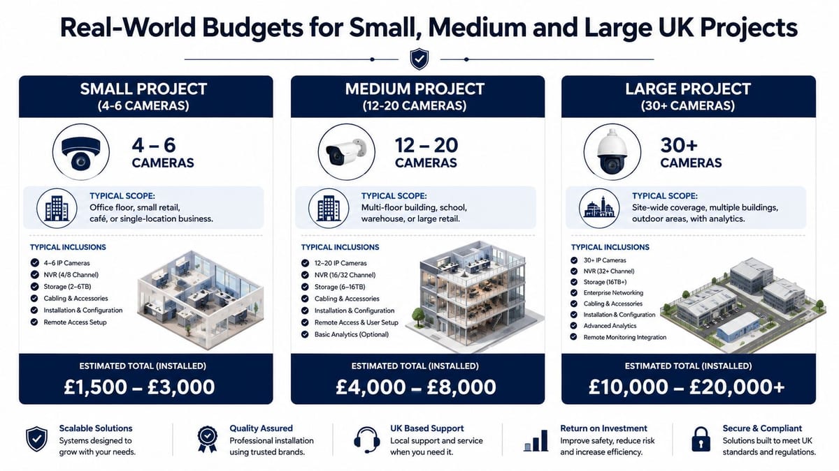 A comparison chart showing estimated UK CCTV installation costs for small, medium, and large security projects.
