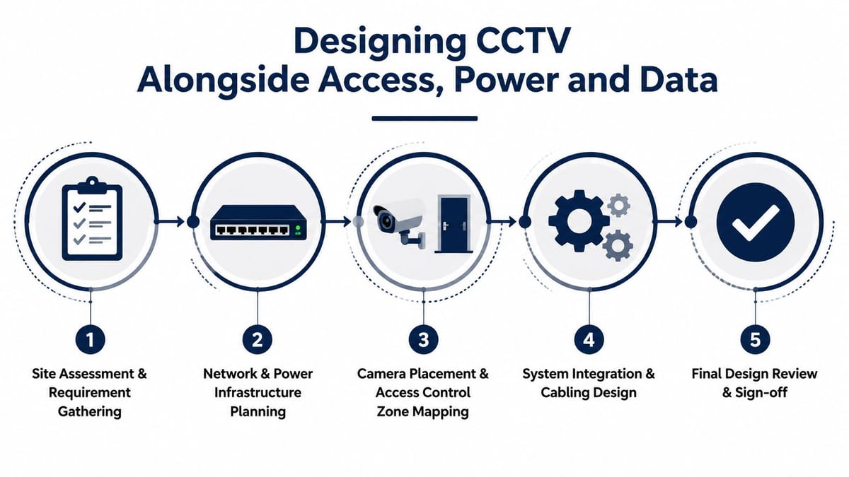 A five-step process diagram illustrating the stages for designing CCTV, access control, power, and data systems.