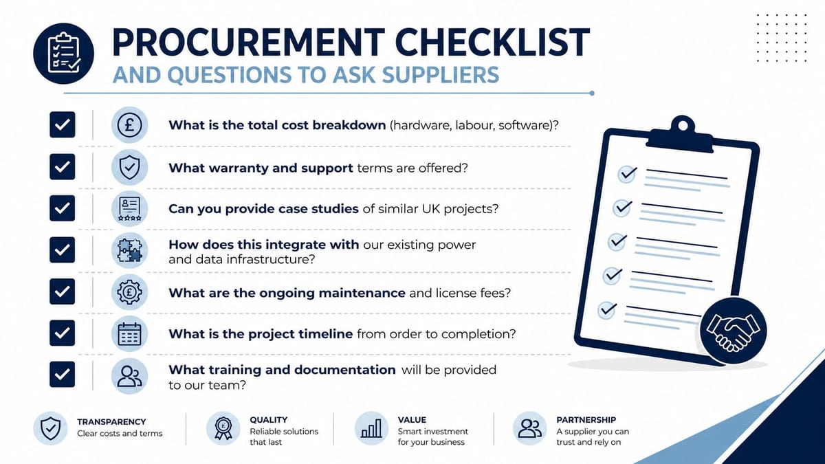 A procurement checklist infographic for businesses outlining essential questions to ask potential technology or service suppliers.