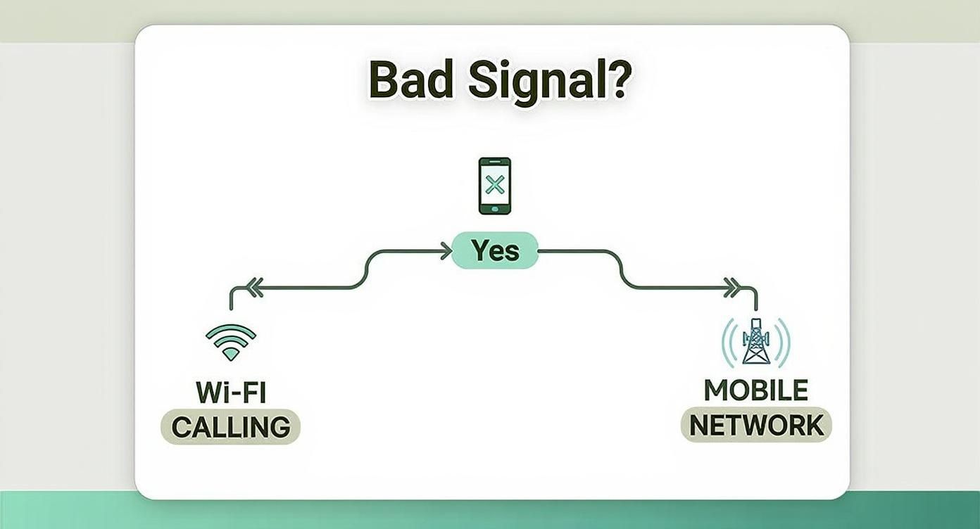 Infographic decision tree showing that if you have a bad mobile signal, you can use Wi-Fi Calling as an alternative to the mobile network.