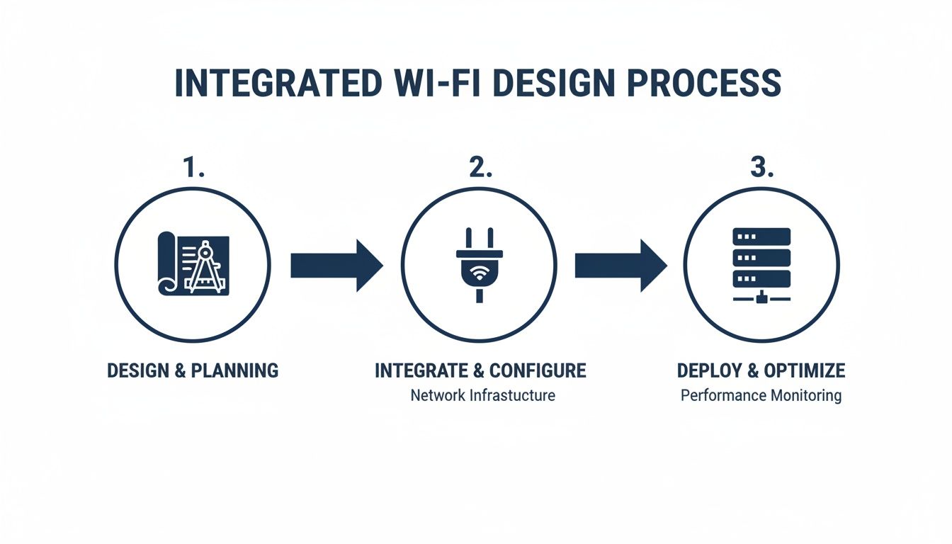 An infographic detailing a three-step integrated Wi-Fi design process: design, integrate, and deploy.