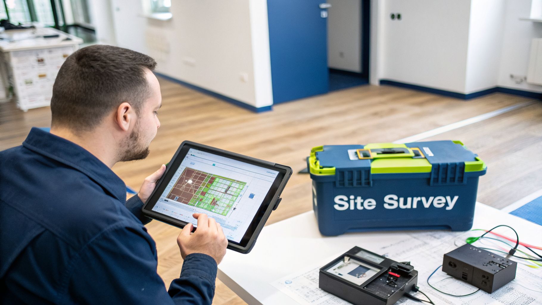 A man reviews a digital map on a tablet for a site survey, with equipment nearby.