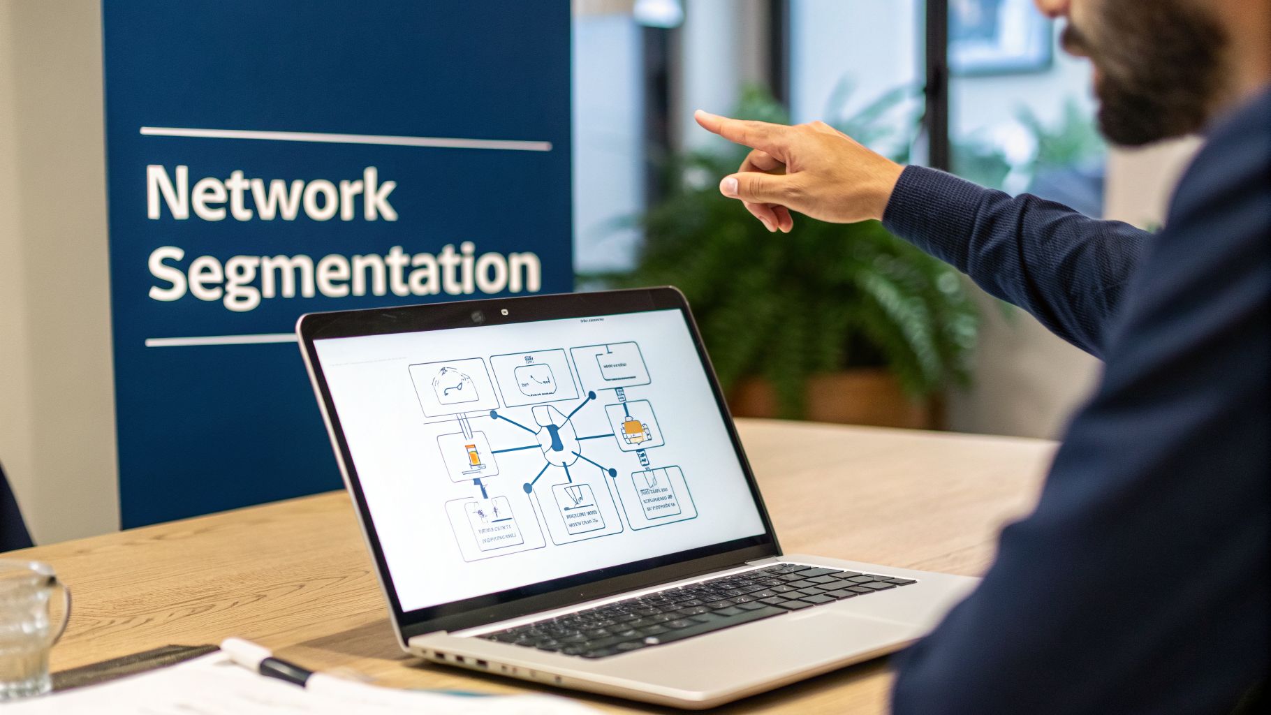 A person points at a laptop displaying a network segmentation diagram, with a 'Network Segmentation' sign in the background.