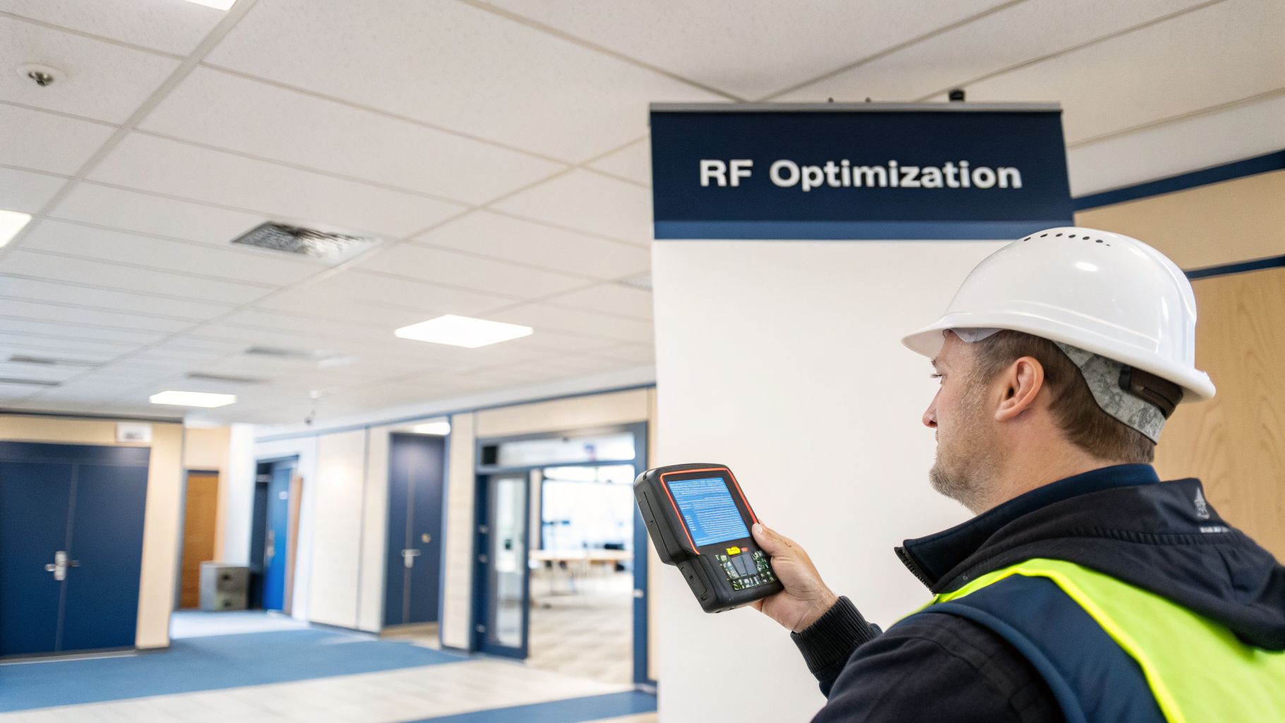 Man in hard hat and safety vest uses a handheld device for RF optimization.
