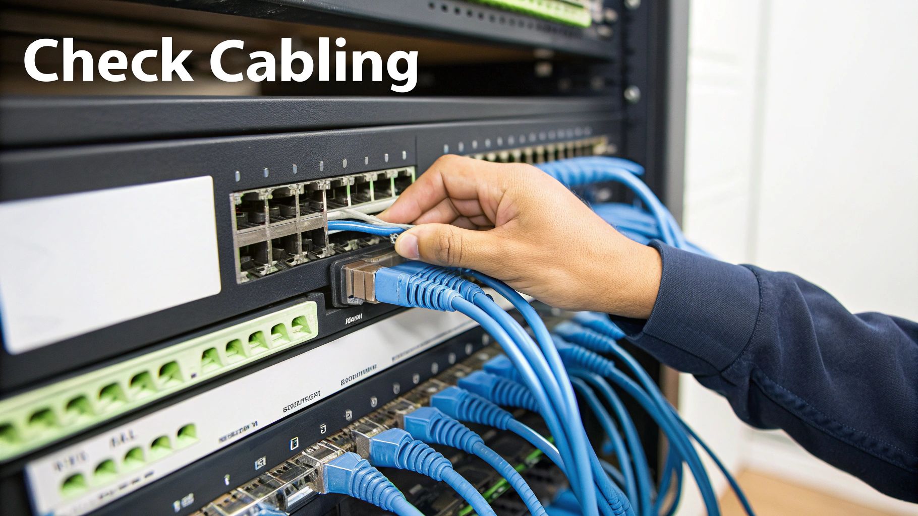 Technician's hand plugging a blue network cable into a server rack switch, checking cabling.