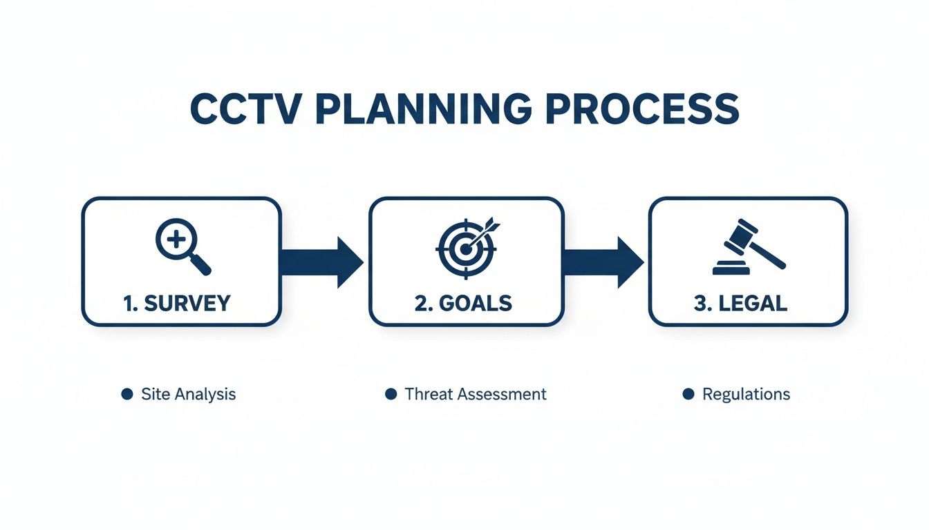 CCTV planning process diagram showing three steps: survey, goals, and legal considerations.