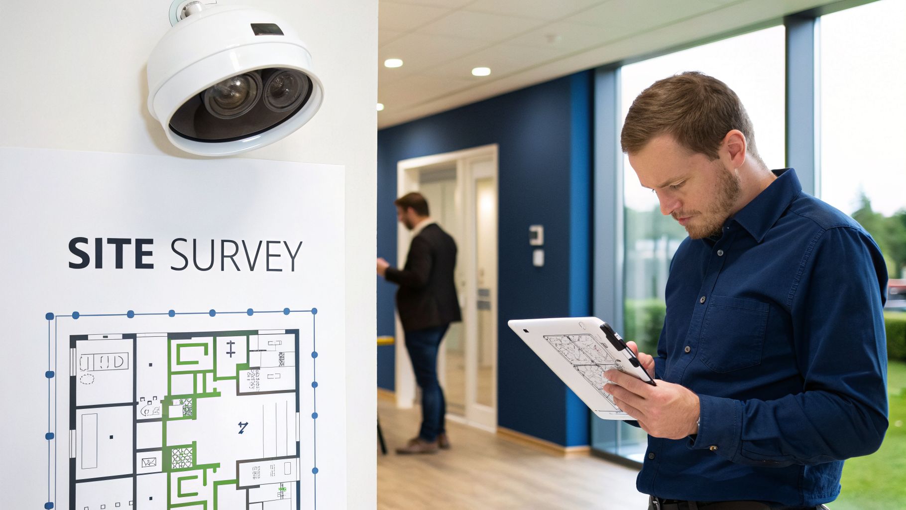 Man surveying a building plan on a tablet, with a CCTV camera and a 'SITE SURVEY' sign.