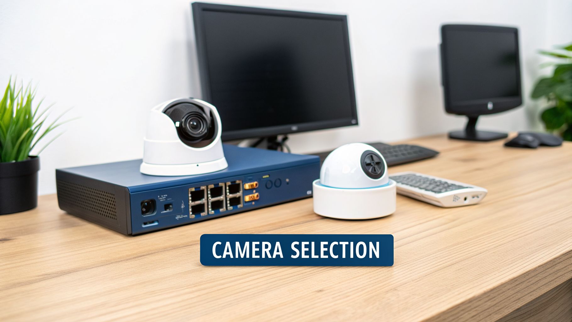 Two white CCTV cameras on a blue network switch with computer monitors on a wooden desk.