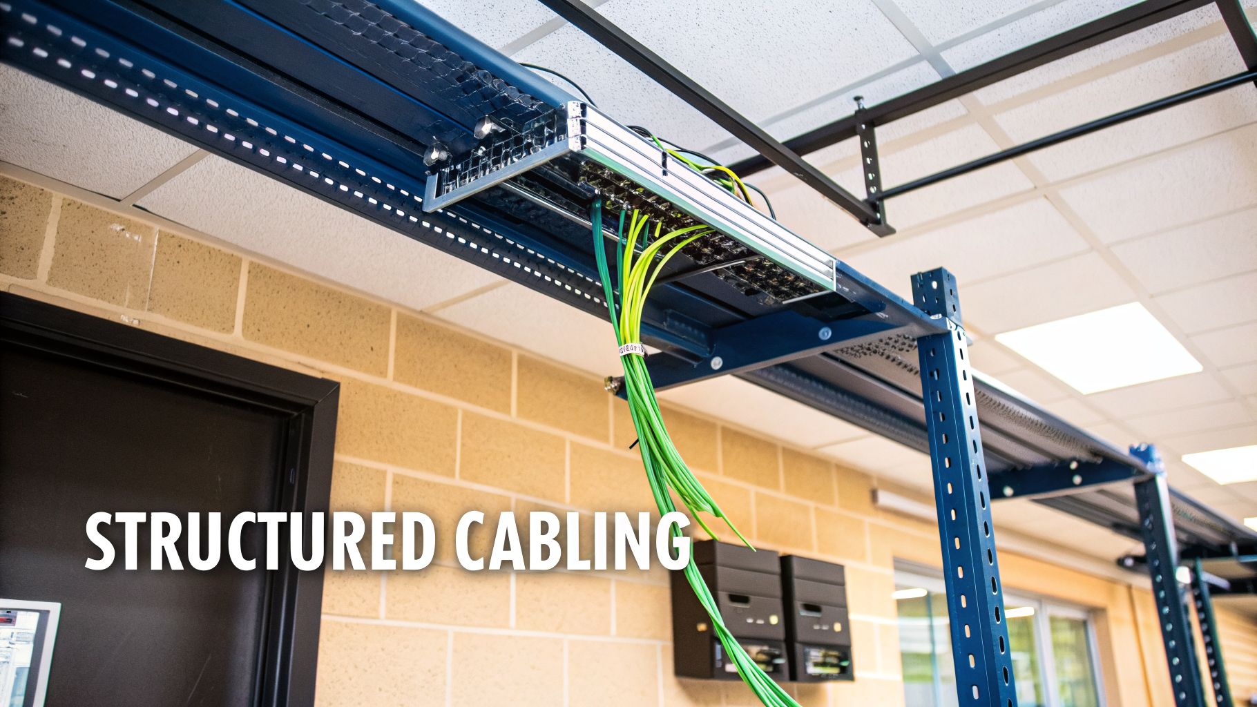 A well-organized structured cabling system featuring blue rack shelves, a patch panel, and bundles of green network cables.