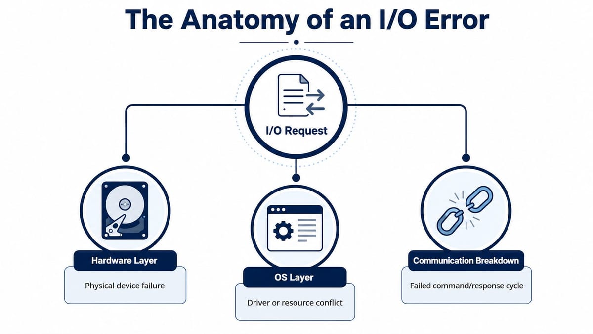 A diagram illustrating the three primary causes of I/O errors: hardware layer, OS layer, and communication breakdown.