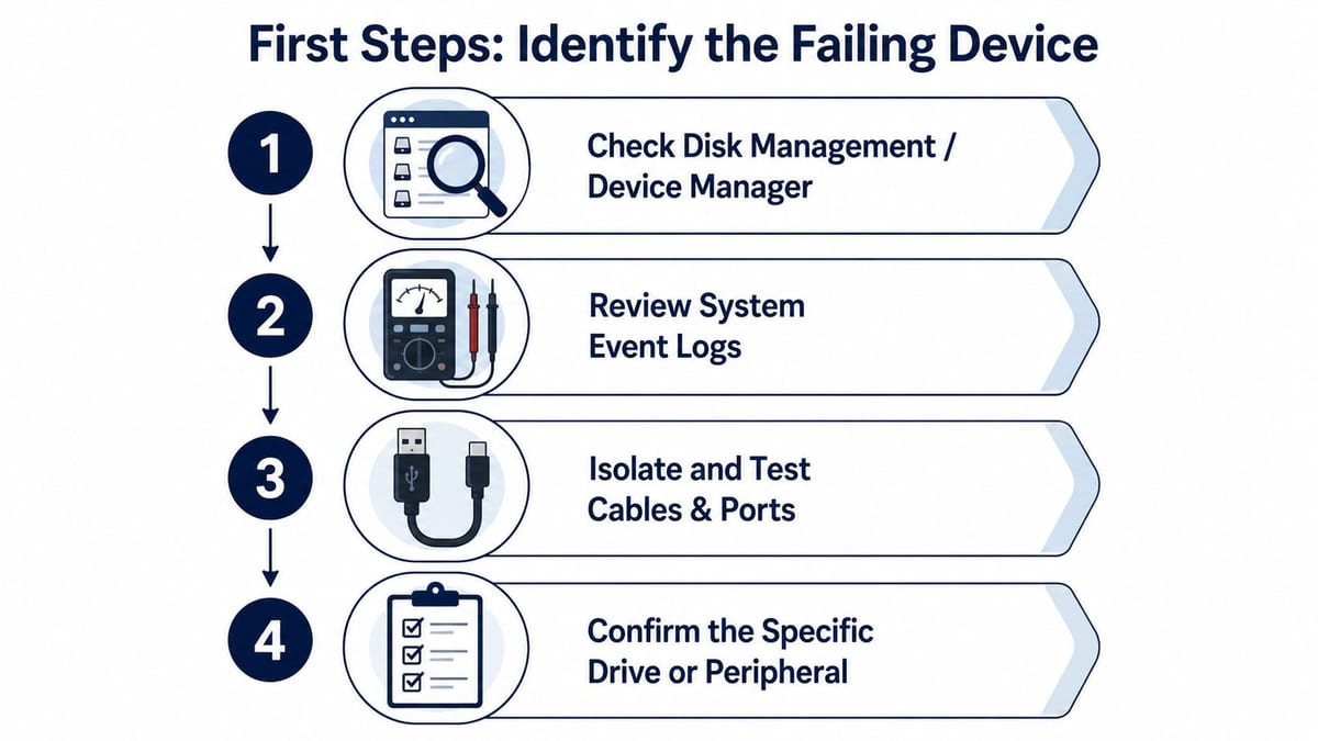 A flowchart outlining four essential troubleshooting steps to identify a failing computer device or peripheral.
