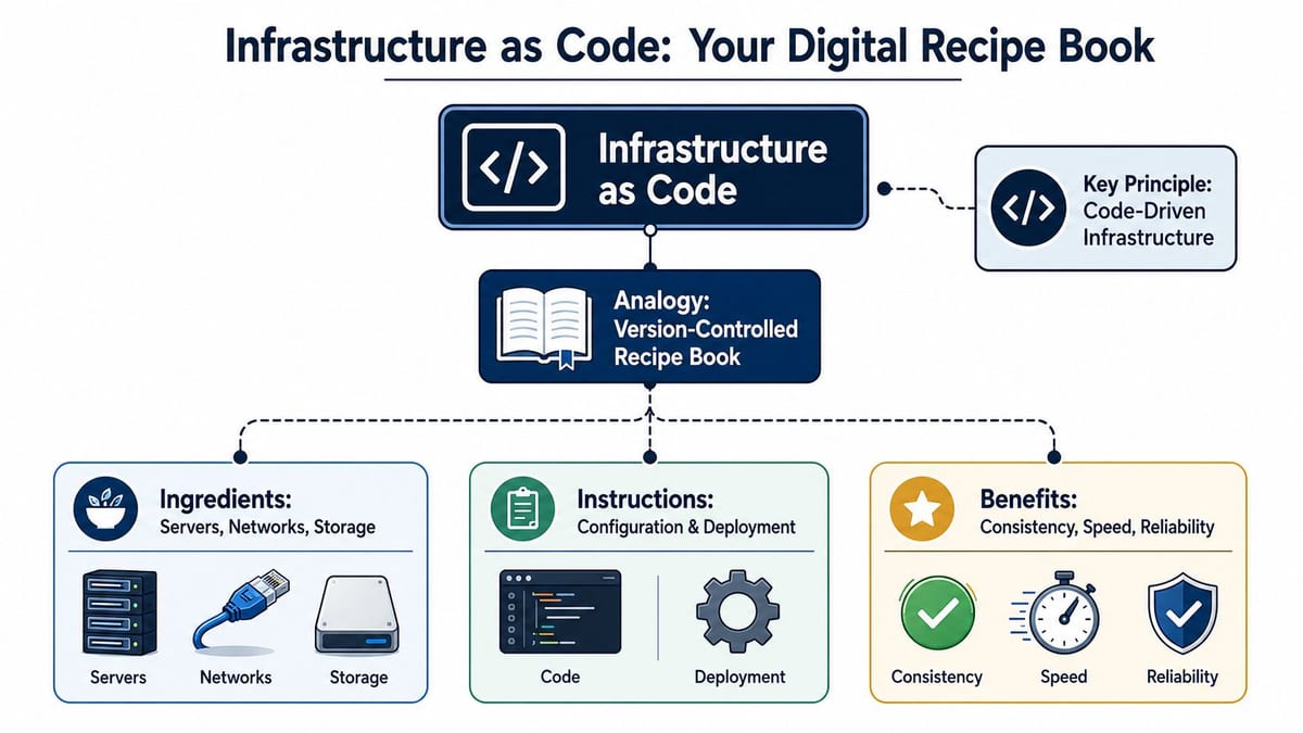 A diagram explaining Infrastructure as Code using a recipe book analogy for servers, networks, and storage.