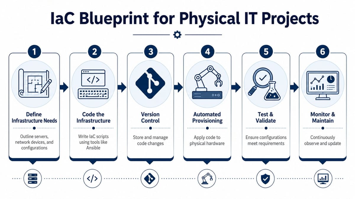 A six-step infographic titled IaC Blueprint for Physical IT Projects, illustrating the infrastructure as code lifecycle.