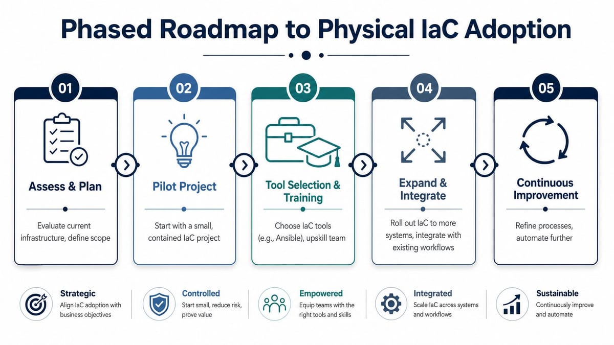 A five-step infographic showing a phased roadmap for adopting infrastructure as code in an organization.