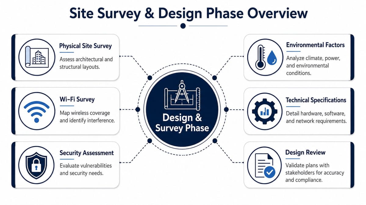 A diagram illustrating the key components of a site survey and design phase for infrastructure planning projects.