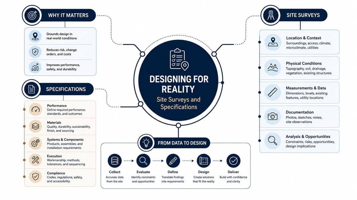 An infographic titled Designing for Reality, explaining the essential roles of site surveys and specifications in construction projects.