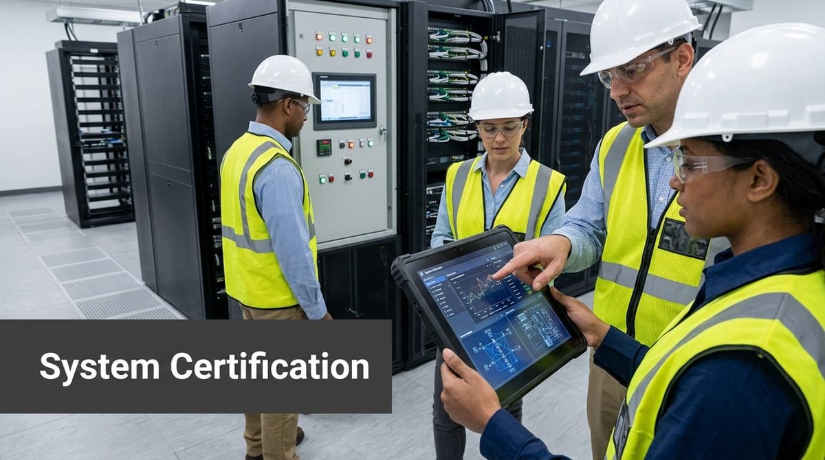 A diverse group of engineers in hard hats reviewing data on a tablet in a data center.