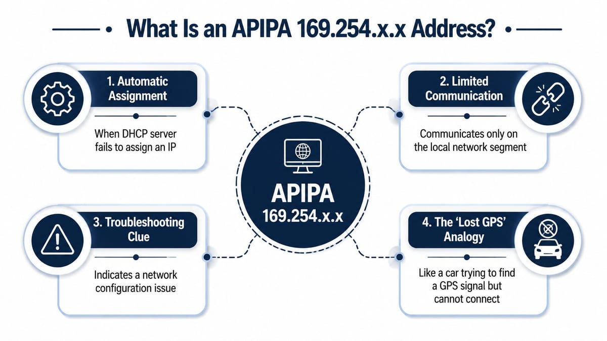 An infographic explaining APIPA 169.254.x.x addresses as a fallback method for failed DHCP server connections.