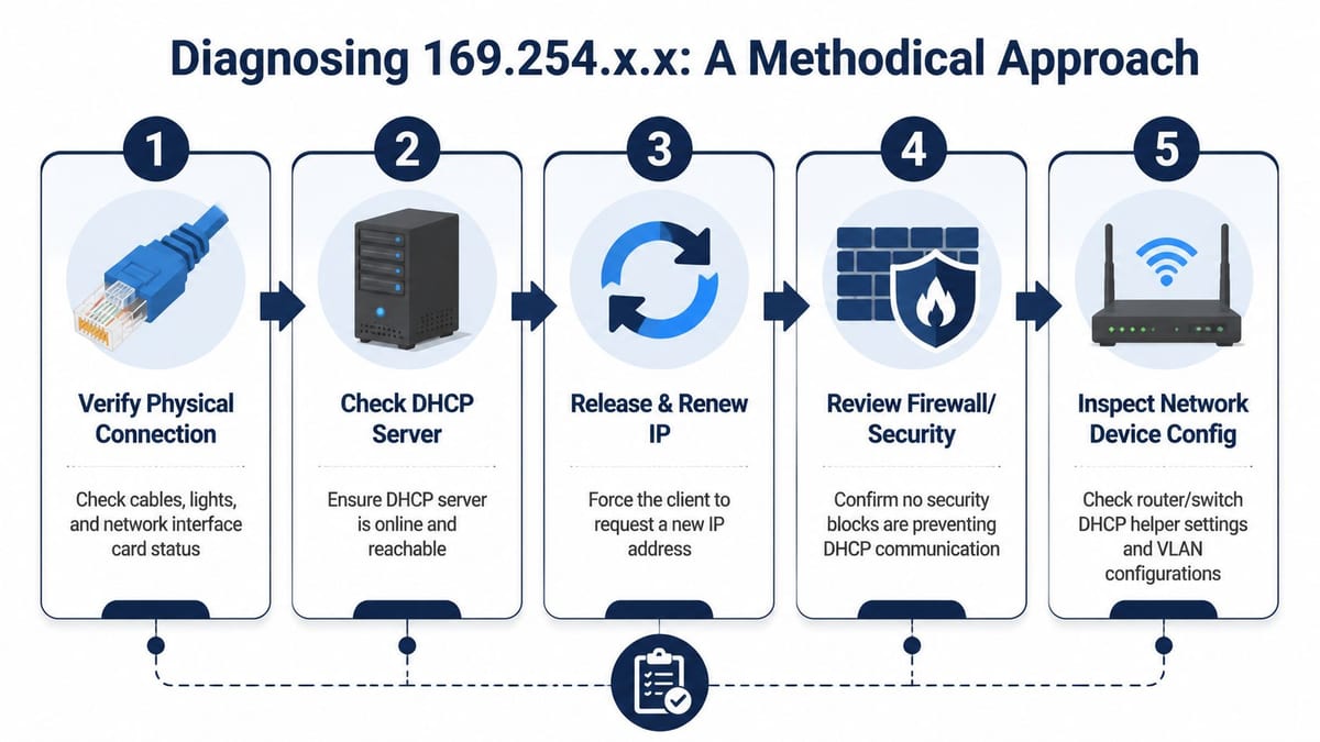 A five-step methodical approach infographic for troubleshooting and diagnosing an APIPA 169.254.x.x network address conflict.