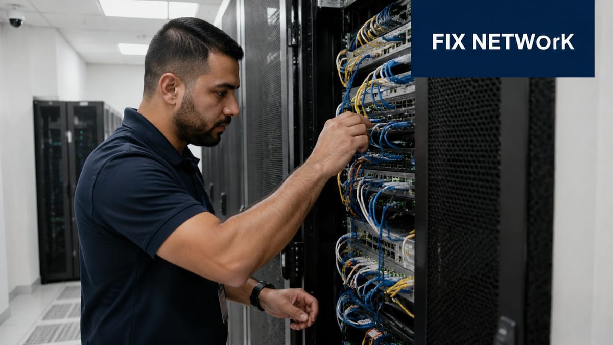 A professional IT technician working on network server cables inside a modern data center server room.