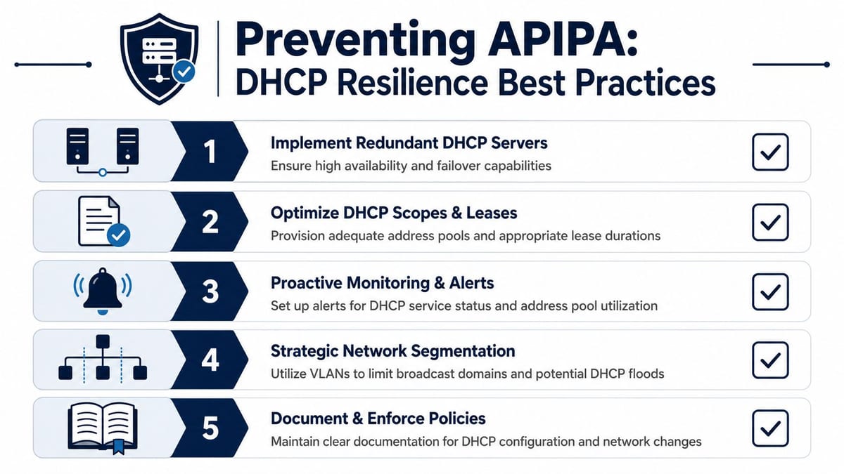 An infographic detailing five best practices to ensure DHCP resilience and prevent APIPA address assignment issues.