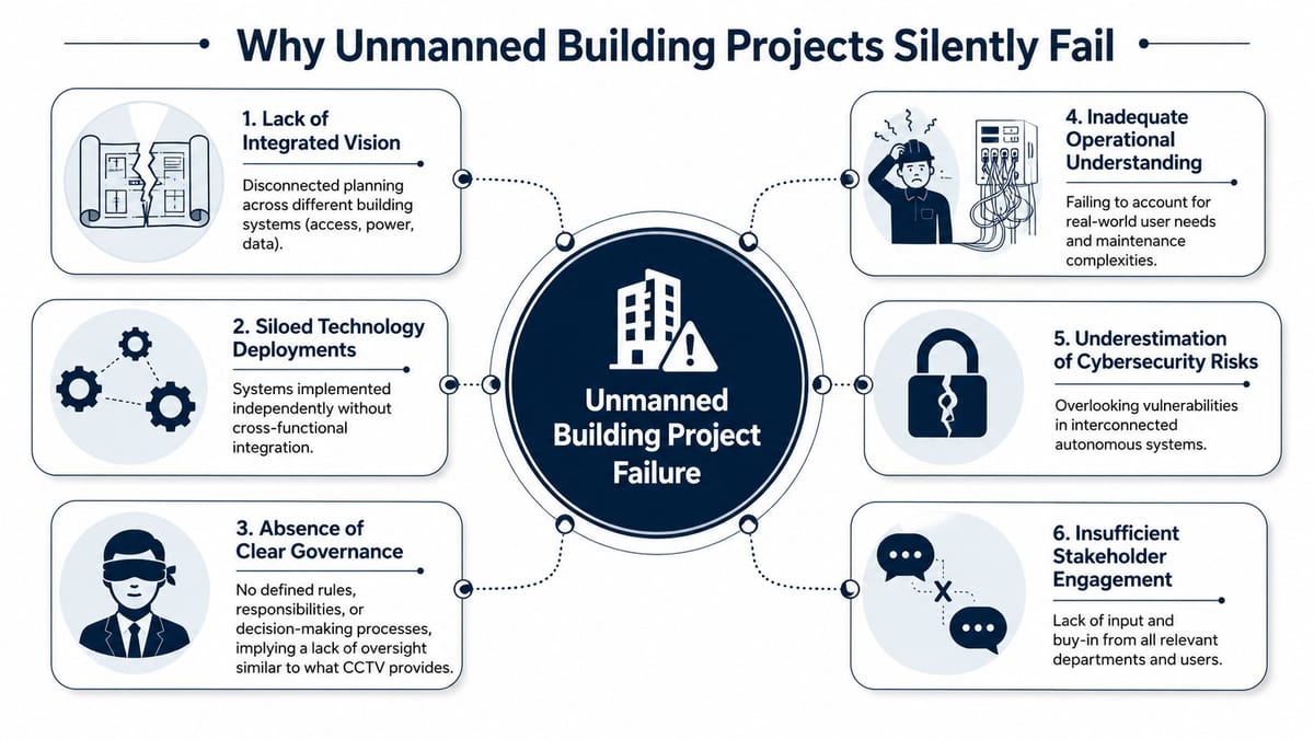 A diagram outlining six common reasons why unmanned building projects experience silent failure in operations and planning.