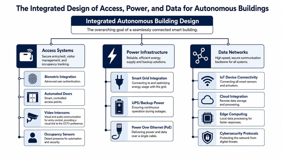 A diagram illustrating the integrated design of access systems, power infrastructure, and data networks for smart autonomous buildings.