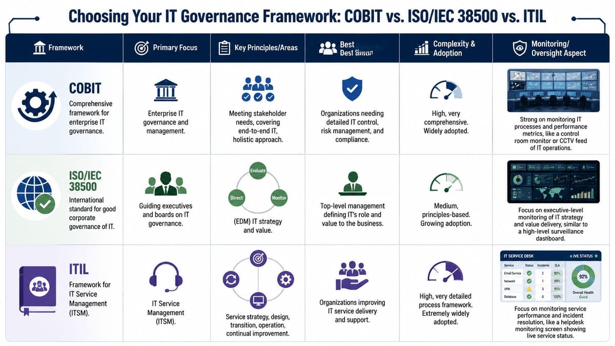 A comparison table outlining key differences between COBIT, ISO/IEC 38500, and ITIL IT governance frameworks.