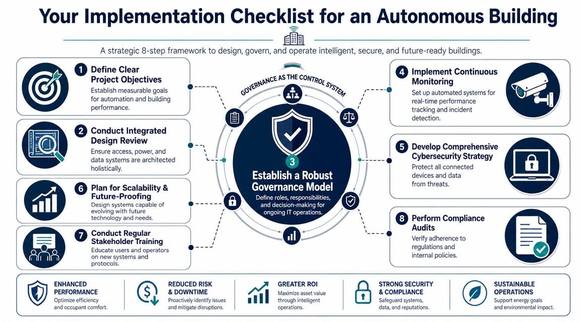 A strategic eight-step checklist infographic for designing and managing autonomous buildings, focusing on governance and cybersecurity.