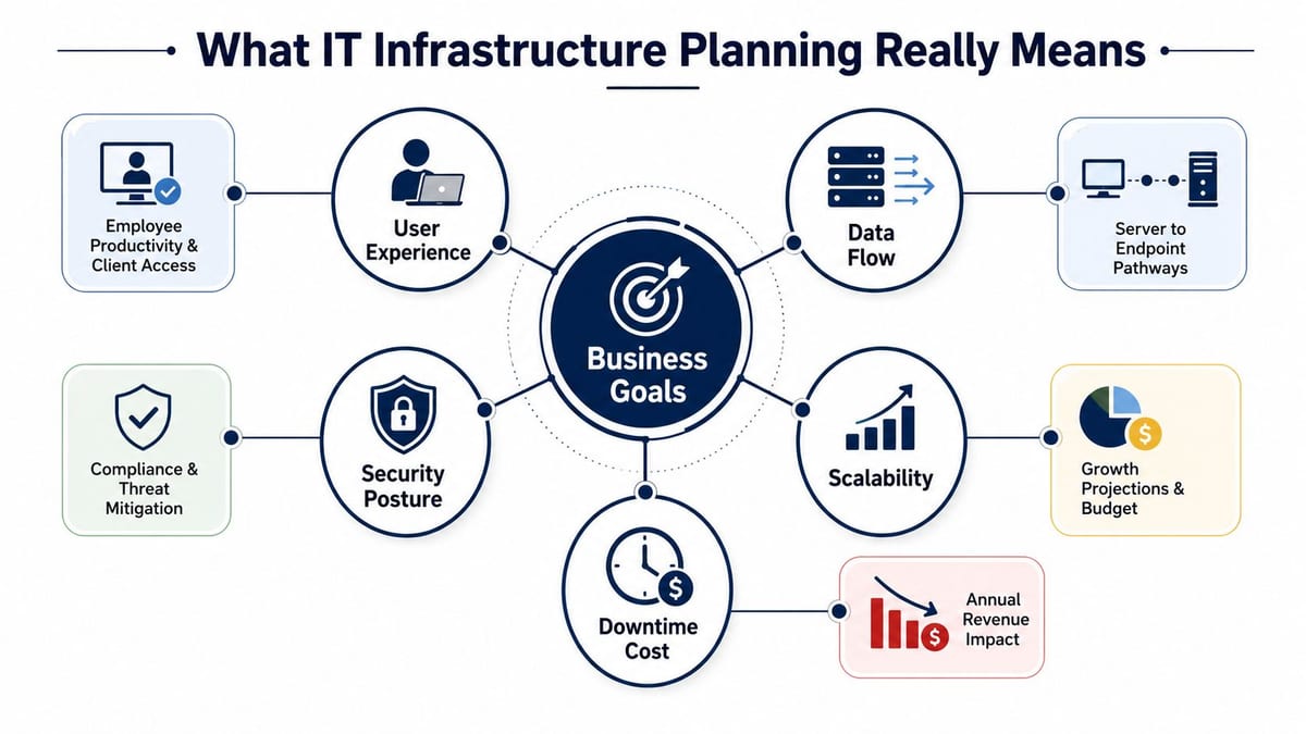 A diagram illustrating IT infrastructure planning components centered around core business goals and strategic objectives.