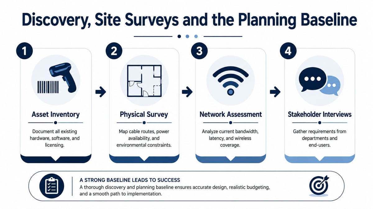 An infographic showing four steps for IT infrastructure planning including asset inventory, physical survey, network assessment, and interviews.