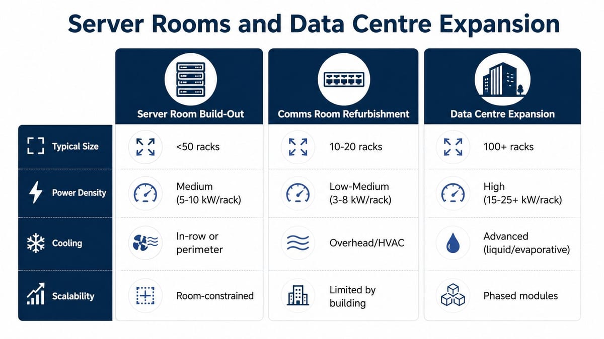 A comparison chart outlining differences in size, power density, cooling, and scalability for data center infrastructure projects.
