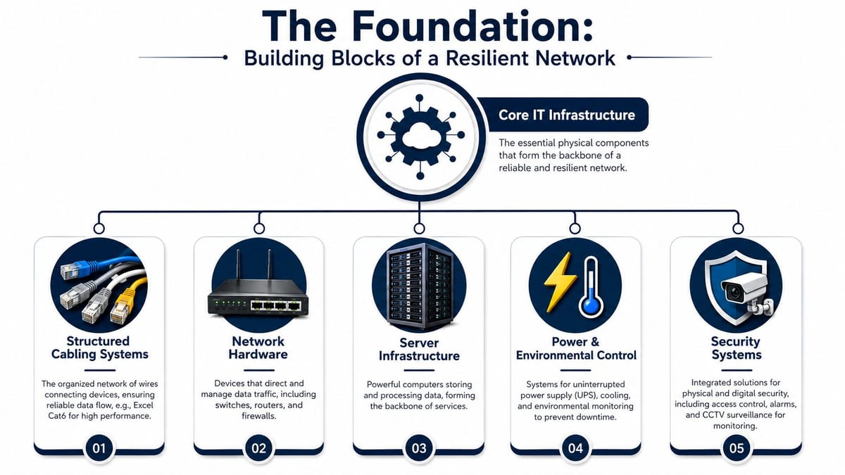 A diagram illustrating the five essential building blocks of a resilient IT infrastructure for enterprise networks.