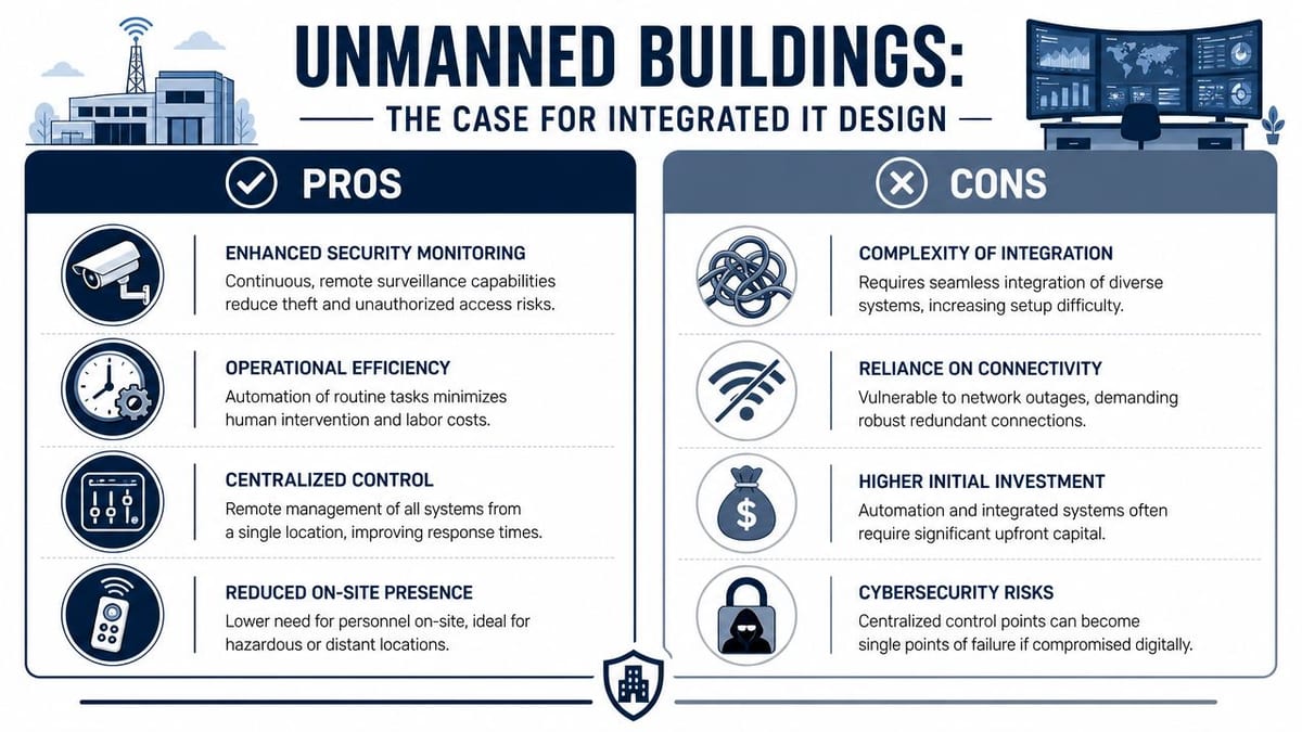 A comparison infographic showing the pros and cons of implementing integrated IT design for unmanned buildings.