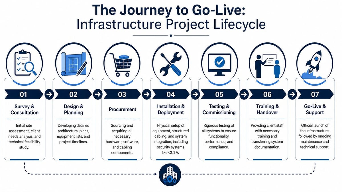 A seven-step process infographic illustrating the infrastructure project lifecycle from survey to go-live and support.