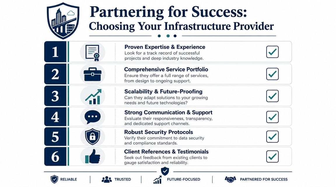 A six-point infographic checklist for selecting a professional IT infrastructure service provider for business success.