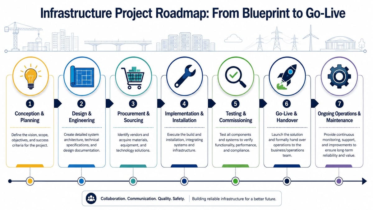 A seven-step infrastructure project roadmap diagram illustrating the process from planning through to ongoing maintenance operations.