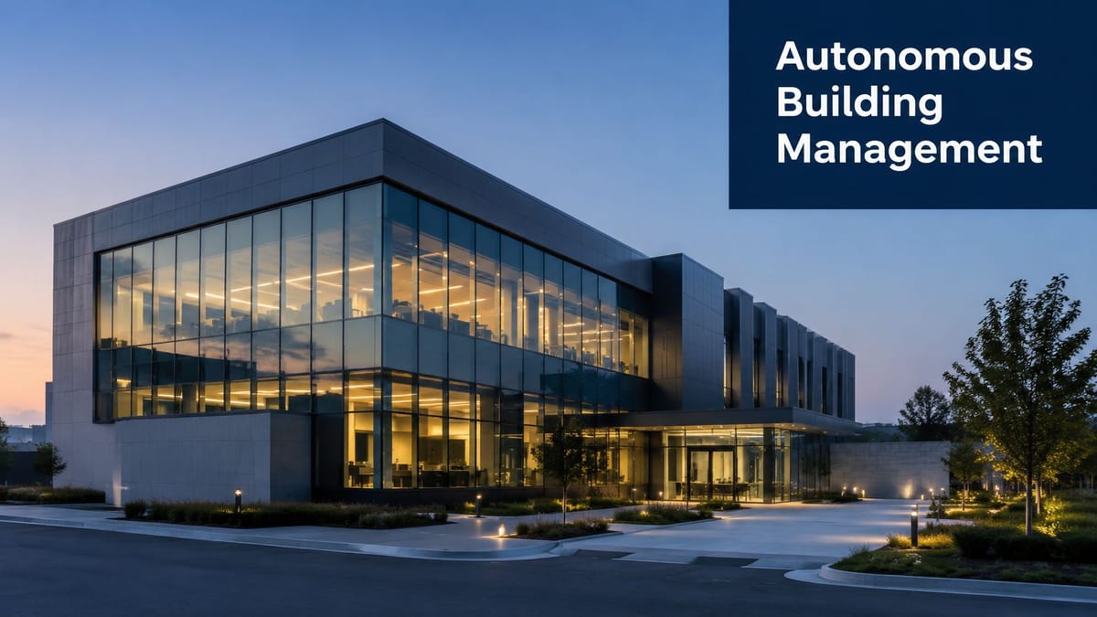 A modern glass office building exterior at twilight with warm interior lighting and autonomous management concept text.