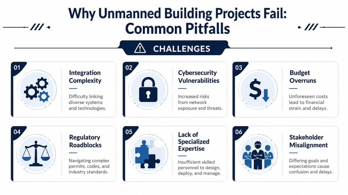 An infographic detailing six common pitfalls that cause unmanned building projects to fail, including technical and operational challenges.