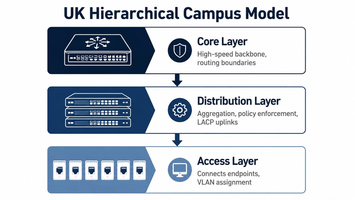 A diagram illustrating the three tiers of the UK hierarchical campus network model for LAN design.