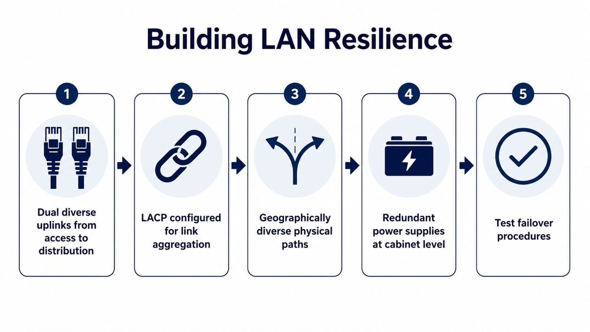 A five-step infographic showing best practices for building network resilience in a local area network.