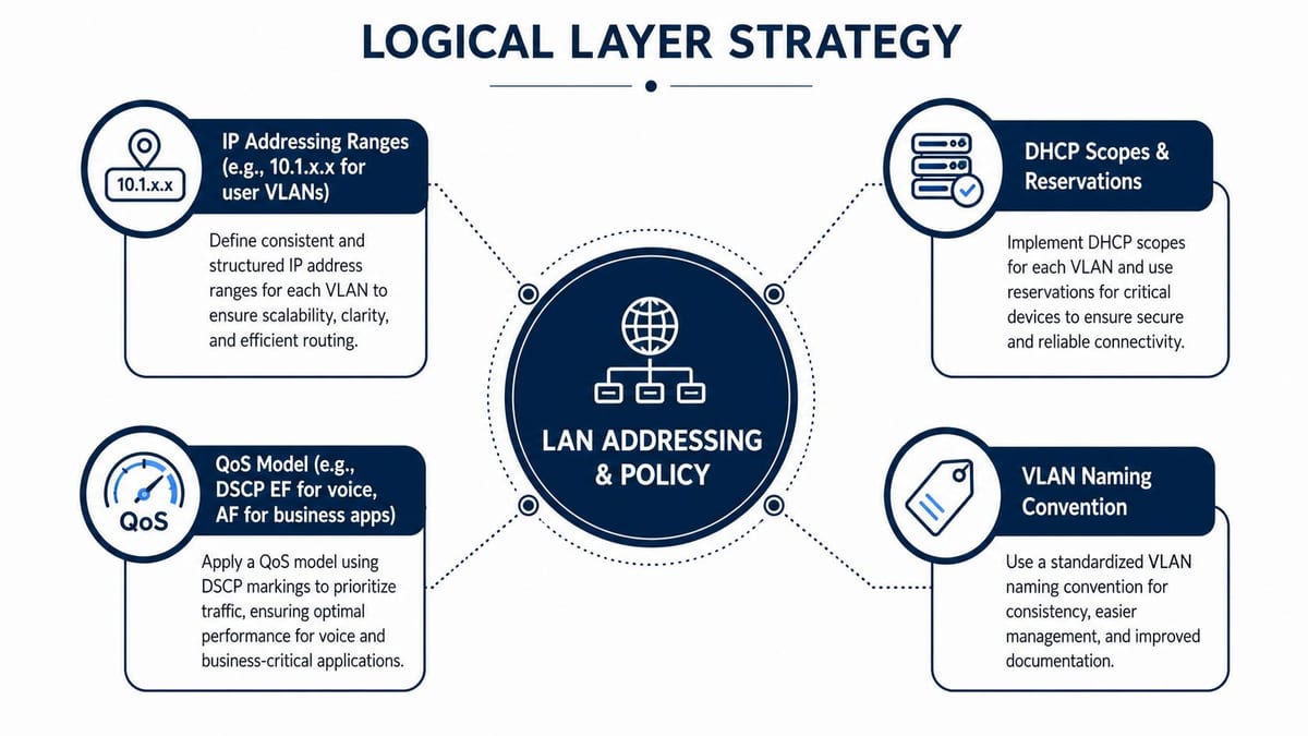 A diagram outlining logical layer strategies for LAN addressing and policy including VLAN and QoS management.