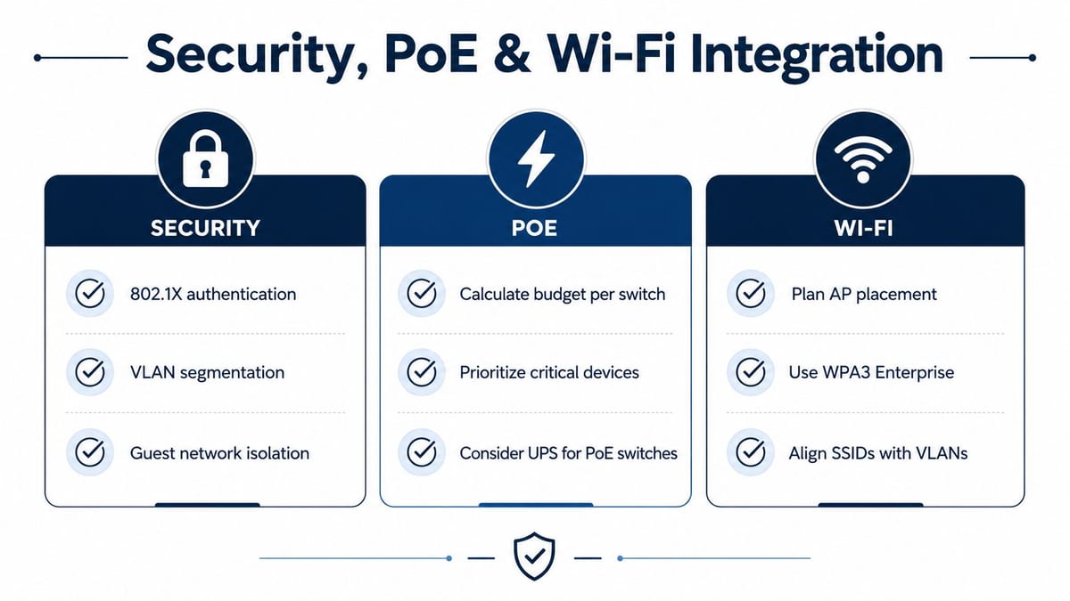 A diagram outlining key considerations for security, PoE power management, and Wi-Fi network integration best practices.