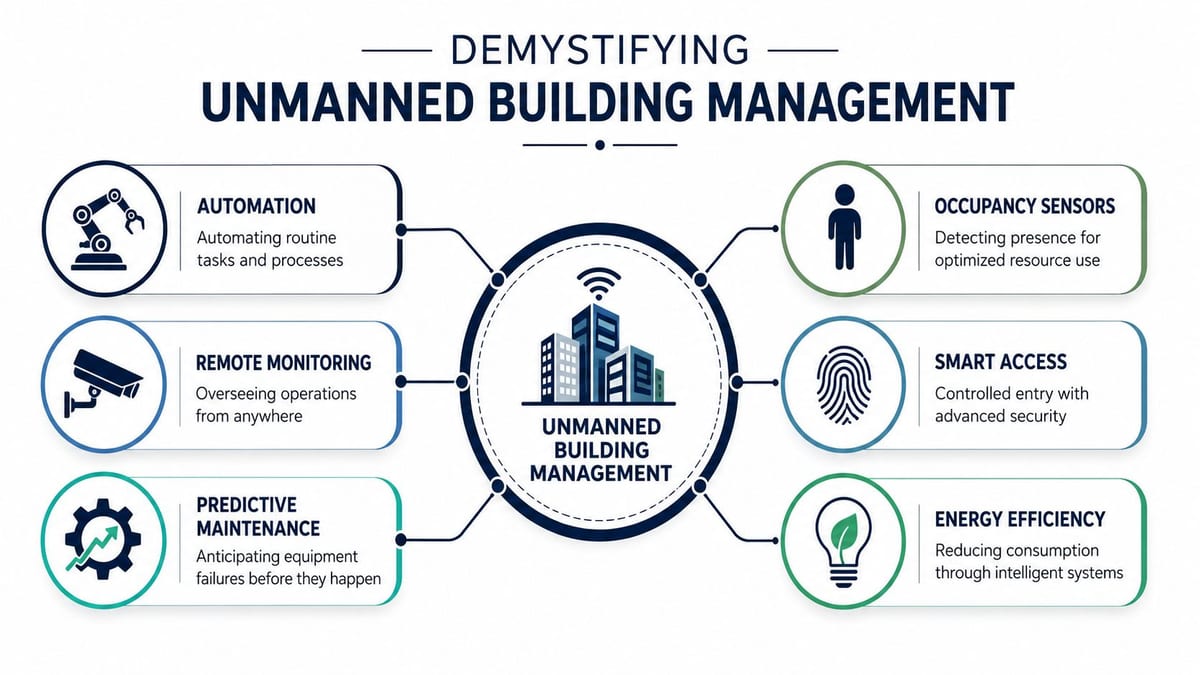 A diagram illustrating components of unmanned building management including automation, sensors, remote monitoring, and energy efficiency systems.